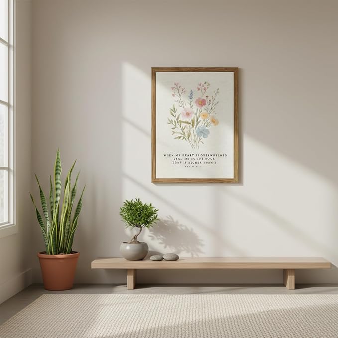 Christian Scripture Canvas Wall Art 12x16 Inch Psalm 61:2 Bible Verse Wall Decor, Boho Floral Religious Artwork for Prayer Room, Church, Office, Home, Wood Framed