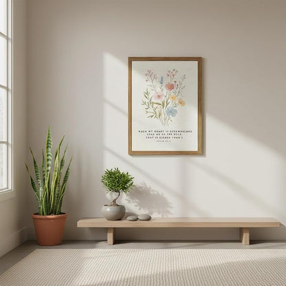 Christian Scripture Canvas Wall Art 12x16 Inch Psalm 61:2 Bible Verse Wall Decor, Boho Floral Religious Artwork for Prayer Room, Church, Office, Home, Wood Framed