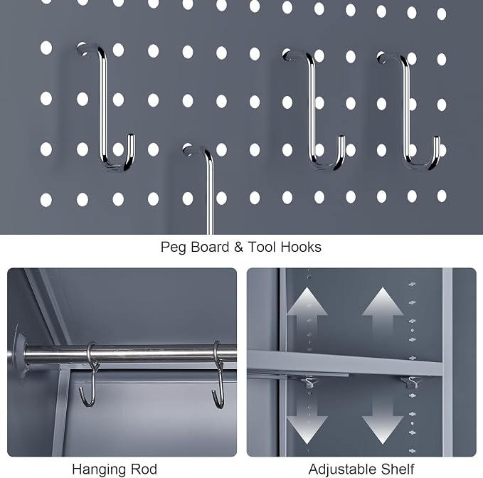 GREATMEET 65" H Broom Closet, Broom Closet Cabinet with Pegboard and Hanging Rod, Cleaning Tool Storage Cabinet, Tall Metal Utility Closets with Locking Doors for Bathroom, Garage
