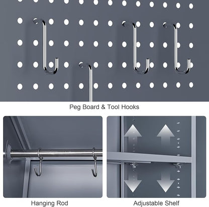 GREATMEET 65" H Broom Closet, Broom Closet Cabinet with Pegboard and Hanging Rod, Cleaning Tool Storage Cabinet, Tall Metal Utility Closets with Locking Doors for Bathroom, Garage
