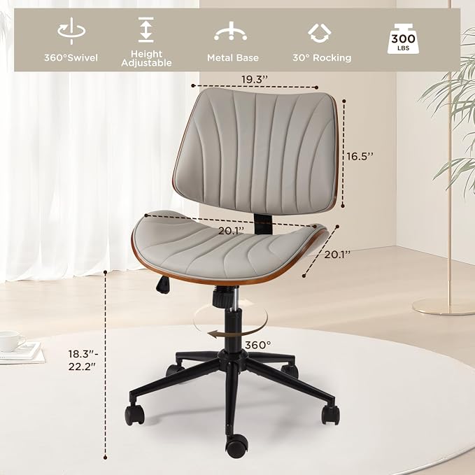 EROMMY Armless Office Desk Chair,Wooden Back Small Office Desk Chair No Arms Adjustable Height Modern Armless Chairs with Swivel Wheels for Small Spaces, Grey