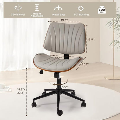 EROMMY Armless Office Desk Chair,Wooden Back Small Office Desk Chair No Arms Adjustable Height Modern Armless Chairs with Swivel Wheels for Small Spaces, Grey