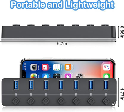 ONFINIO USB Hub 3.0, 7-Port USB Hub Splitter with Individual On/Off Switches and Lights, 3.2ft/1m Long Cable Compatible with MacBook, Laptop, Surface Pro, PS4, PC, Flash Drive, Mobile HDD-Gray