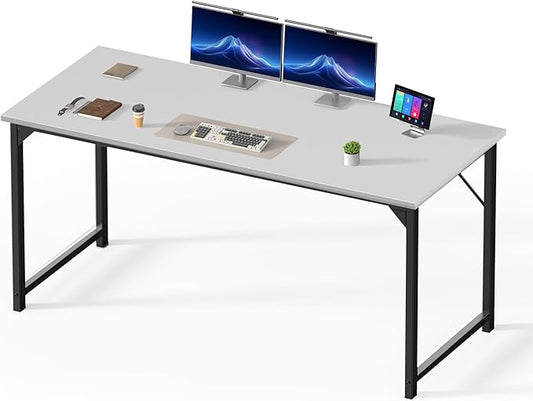 DUMOS 63 Inch Computer Desk for Home Office, Modern Study Work Table Simple Style for Bedroom, Large Writing Desks with Triangular Reinforcement, Wood White