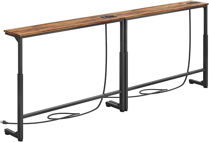 Kitstorack 2-Pack Narrow Console Table with Adjustable Height (25"-33") & 2 Power Outlets, Skinny Behind Couch Table, 78.8" Long x 5.9" Wide Sofa Side Table for Living Room, Rustic Brown