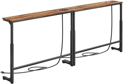 Kitstorack 2-Pack Narrow Console Table with Adjustable Height (25"-33") & 2 Power Outlets, Skinny Behind Couch Table, 78.8" Long x 5.9" Wide Sofa Side Table for Living Room, Rustic Brown