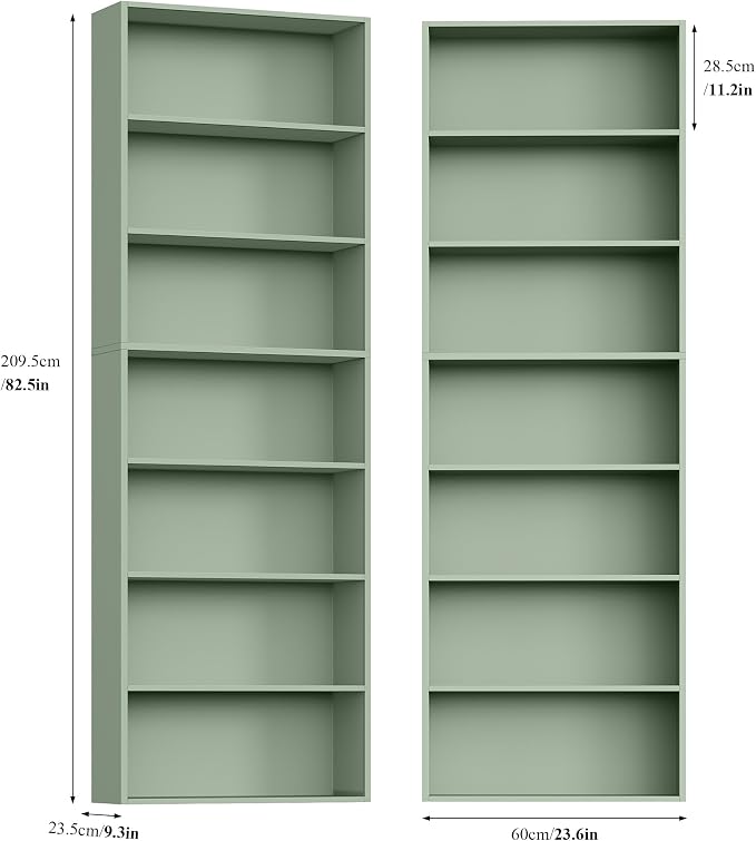 FACBOTALL 82" Tall Bookshelf Set of 2, 7-Tier Double Open Shelves Bookcase,Freestanding Display Storage Shelves, Tall Bookcase Home Decor Furniture for Home Office,Living Room,Bedroom, Green