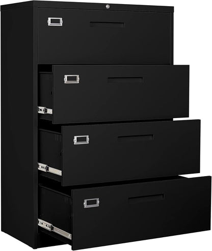 BYNSOE 4 Drawer Filing Cabinet with Lock Metal Lateral File Cabinet Office Home Steel Lateral File Cabinet for A4 Legal/Letter Size Wide Metal Cabinet Locked,Assembly Required (4 Drawer, Black)
