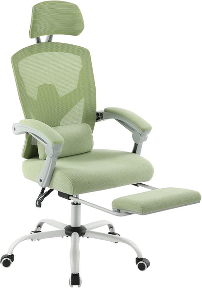 DUMOS Home Office Desk Chair with Footrest, High-Back Mesh Rolling Swivel Reclining Chairs with Wheels, Comfortable Headrest, Lumbar Support, Comfy Arms for Home, Office, Gaming, Elegant Green
