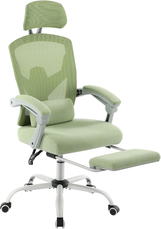 DUMOS Home Office Desk Chair with Footrest, High-Back Mesh Rolling Swivel Reclining Chairs with Wheels, Comfortable Headrest, Lumbar Support, Comfy Arms for Home, Office, Gaming, Elegant Green