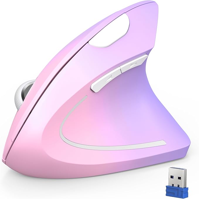 TECKNET Ergonomic Mouse Vertical Wireless with 2.4GHz USB Receiver - Optical Carpal Tunnel Mice Right Hand, 4800 DPI Adjustable, Quiet Clicks, 6 Buttons for Laptop, Desktop, PC, Computer - Pink Purple