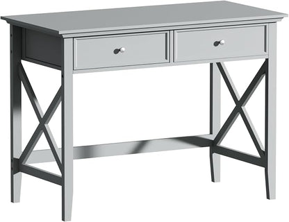 Lewahom Computer Desk with 2 Drawers, Elegant Home Office Writing Study Desk with Storage, Modern Simple Vanity Desk Console Table for Living Room, Grey