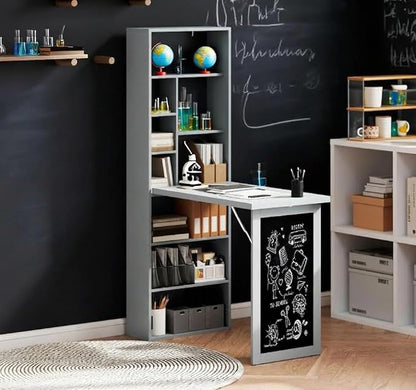 Foldable Wall Mounted Desk with Storage Shelves, Fold Out Convertible Computer Table with Blackboard, Folding Writing Table Workstation for Small Spaces,Home Office (Grey)