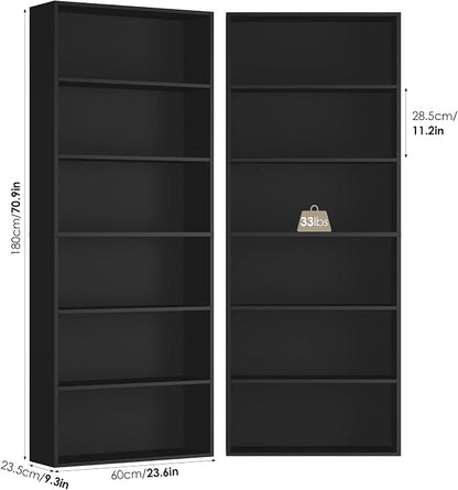 FOTOSOK 6-Tier Open Bookcase and Bookshelf, Freestanding Display Storage Shelves Tall Bookcase for Bedroom, Living Room and Office, Black Set of 2