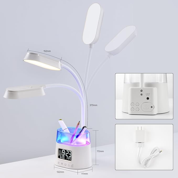 Led Desk Lamp with Pen Holder, Touch Lamps for Nightstand with 3 Color Modes, Eye-Caring Bedside Reading Light with Clock, Office Lamps Stepless Dimming, Lamp for Dorm Room, Suitable for Kid/Girl/Boy