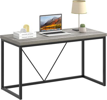 FOLUBAN Modern Home Office Desk, Industrial Vintage Computer Desk, Rustic Wood and Metal Study Writing Table, Simple Work Gaming PC Desks for Bedroom Living Room, Light Grey 53 Inch