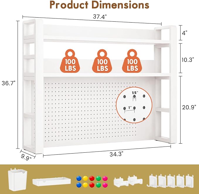 Lefedrasticity Desktop Bookshelf Organizer with Pegboard 3 Tier Desk Hutch Dorm Heavy-Duty Desk Shelf Organizer for Computer Desktop Organizer Shelf for Office Dorm Room Gaming Desks (White, 37.4" L)