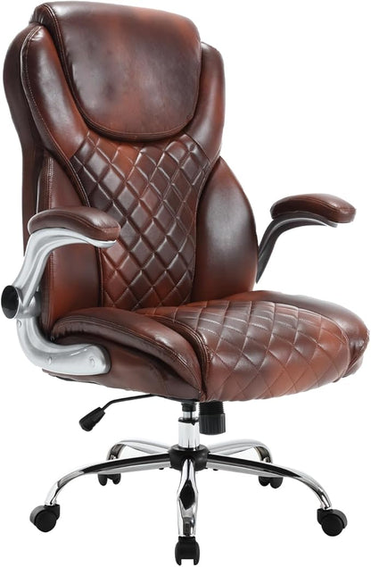 Leather Office Chair Brown with Flip up Arms, Big and Tall High Back Executive Office Desk Chairs with Wheels, Rocking Managerial Ergonomic Home Computer Chairs with Lumbar Support, Brown