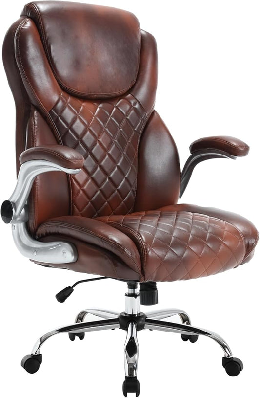 Leather Office Chair Brown with Flip up Arms, Big and Tall High Back Executive Office Desk Chairs with Wheels, Rocking Managerial Ergonomic Home Computer Chairs with Lumbar Support, Brown