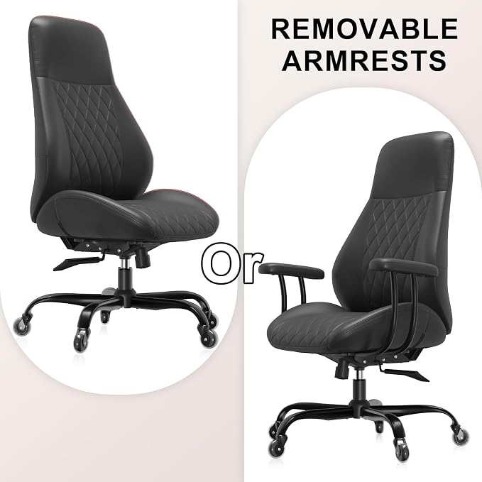 E-Ser Leather Desk Chair, Mid Century Modern Office Chair, Black | Lumbar Support, Ergonomic, 360° Swivel, Rubber Rolling Wheels, Adjustable Height, for Adults