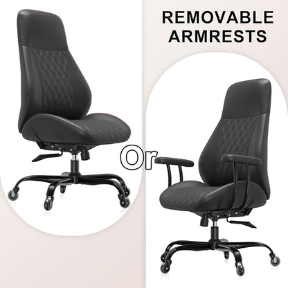 E-Ser Leather Desk Chair, Mid Century Modern Office Chair, Black | Lumbar Support, Ergonomic, 360° Swivel, Rubber Rolling Wheels, Adjustable Height, for Adults