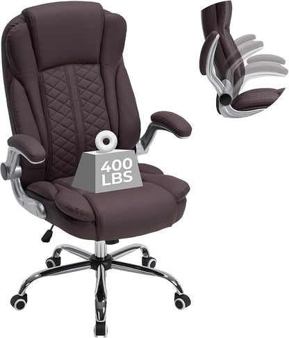 400lbs Executive Office Chair with Flip-Up Armrests, Big and Tall Computer Chair for Heavy People, Heavy Duty Ergonomic Comfy Chair, Breathable PU Leather (Darkbrown)