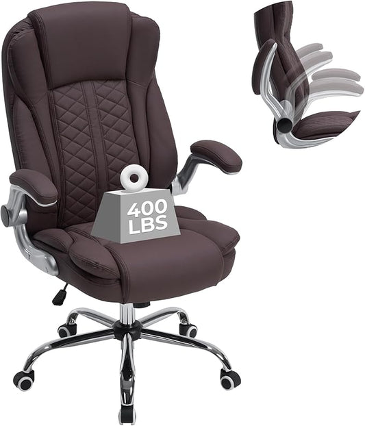 400lbs Executive Office Chair with Flip-Up Armrests, Big and Tall Computer Chair for Heavy People, Heavy Duty Ergonomic Comfy Chair, Breathable PU Leather (Darkbrown)