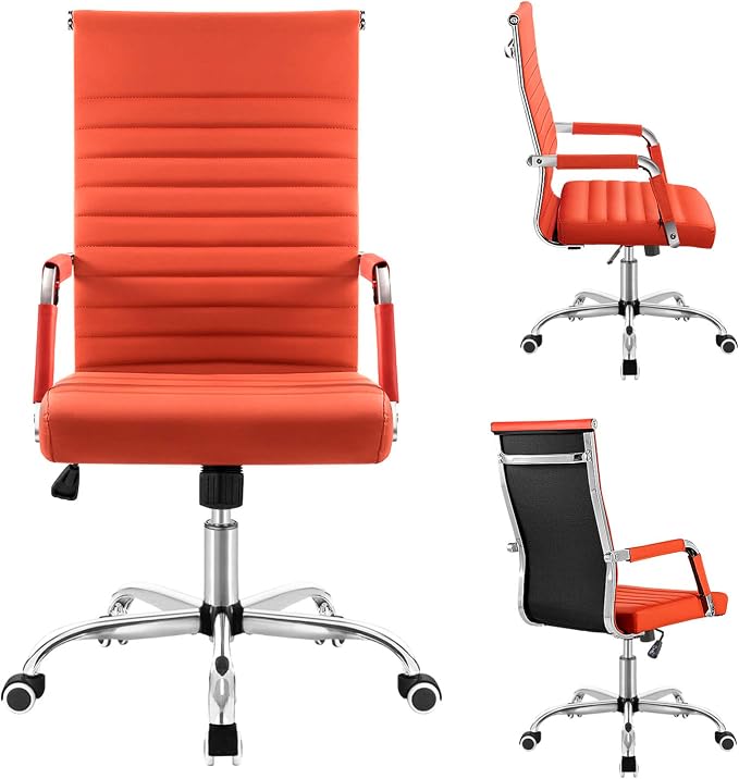 Shahoo Ribbed Office Chair, Mid-Back PU Leather Office Chair Executive Task Chair with 360° Swivel Wheels for Conference Room, Home Offices (Orange)