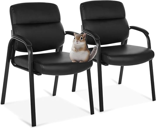 Oline Leather Guest Chair with Padded Arms, Reception Meeting Conference Waiting Room Lobby Home Desk Big and Tall Executive Office Chair, Black (2 Pack)