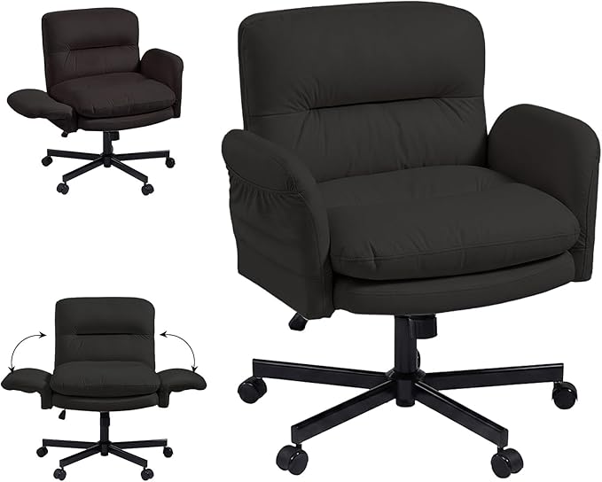 Bestier Criss Cross Office Chair with Flip-Up Armrests, Swivel Makeup Vanity Chair with Wheels & Side Pockets, Cross Legged Office Chair for Home Office, Bedroom, Black PU Leather