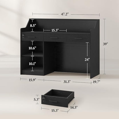 Reception Desk with Counter, Front Desk with 3 Drawers and Storage Cabinet, 47 inch Modern Retail Counter with Cable Grommet for Checkout, Barber, Beauty Salon, Home Office