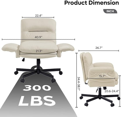 Bestier Criss Cross Office Chair with Flip-Up Armrests, Swivel Makeup Vanity Chair with Wheels & Side Pockets, Cross Legged Office Chair for Home Office, Bedroom, Beige PU Leather