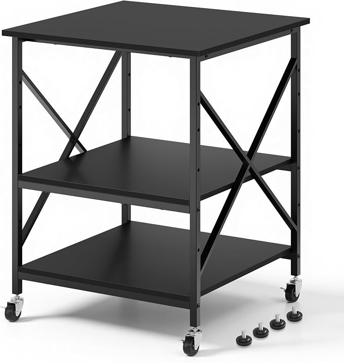Warmiehomy 24"x24"x30" Large Printer Stand with Storage, 3 Tier Rolling Printer Cart Table, Mini Fridge Stand with Wheels, Use for 3D Laser Printer Home Office, Black