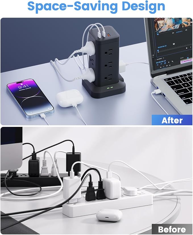 1800J Surge Power Strip Tower 1800J Fast Charging PD20W USB-C Black 10FT | 15-in-1 outlets with 12 AC plug, 2 USB-C & 1 USB-A; 10ft extension cords with multiple outlets; for home office dorm room;