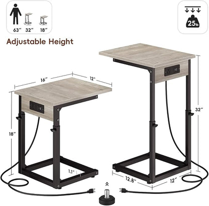Vagusicc C Shaped End Table with Charging Station, Adjustable Height Side Table for Couch, C Table End Table Couch Table that Slide Under, Sofa Table TV Tray Arm Tables for Living Room, Bedroom, Gray