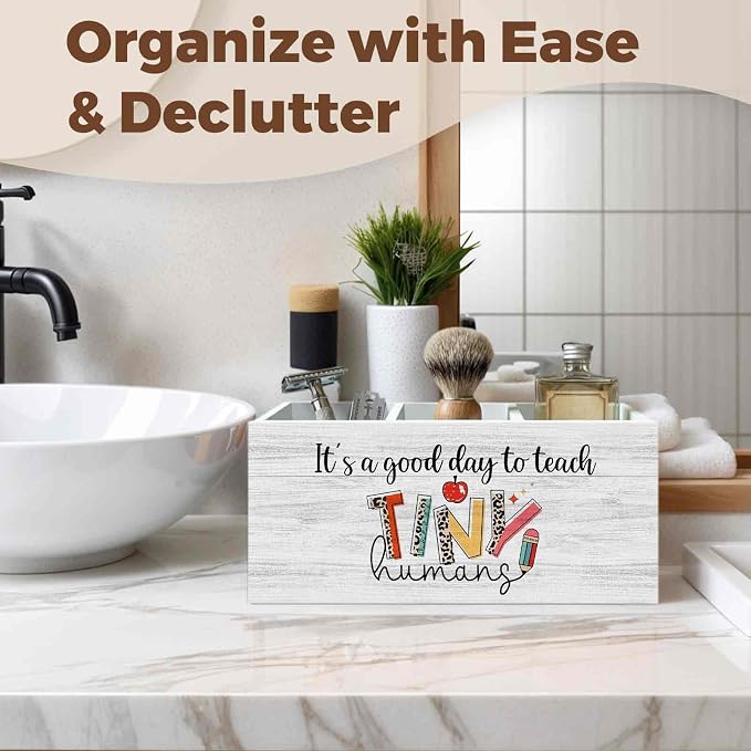 Teacher Pencil Pen Holder for Desk Organizer, Teacher Appreciation Gifts, It's a Good Day to Teach Tiny Humans Wooden Box Decorations for Home Office Classroom Desk Tabletop Decor