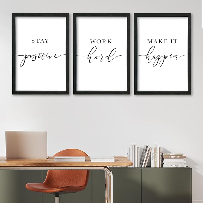 Stay Positive Work Hard Make It Happen Wall Art 16x24–3Pc Wood Frame Office | Motivational Quotes Wall Decor Inspirational Signs Black Frame Home Hanging Art