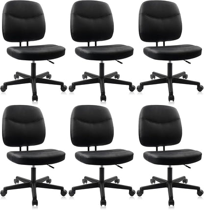 CLATINA Armless Home Office Chair, Small PU Leather Ergonomic Low Back Desk Chair with Lumbar Support and Wheels, Adjustable Height 360° Swivel Rolling Computer Task Chair, Black, 6 Pack