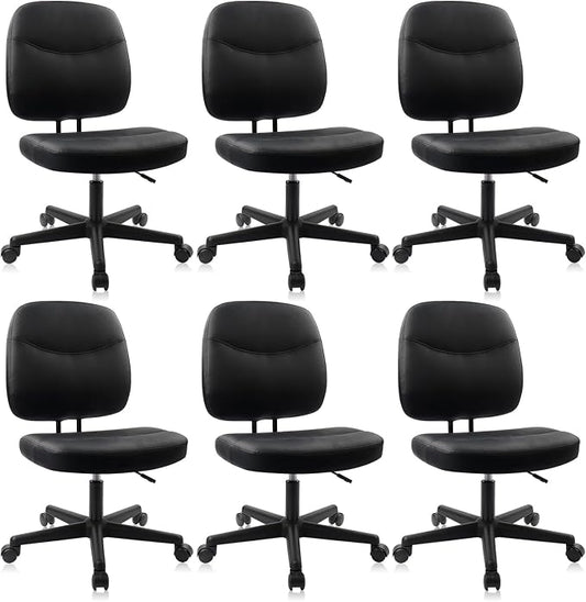 CLATINA Armless Home Office Chair, Small PU Leather Ergonomic Low Back Desk Chair with Lumbar Support and Wheels, Adjustable Height 360° Swivel Rolling Computer Task Chair, Black, 6 Pack