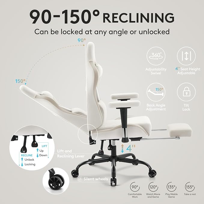 Gaming Chair Breathable Fabric,Computer Office Chair with Footrest,Massage Lumbar Support and Gel Pad,Ergonomic Reclining Gamer Chair with Adjustable Armrests and Spring Cushion Beige