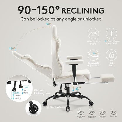 Gaming Chair Breathable Fabric,Computer Office Chair with Footrest,Massage Lumbar Support and Gel Pad,Ergonomic Reclining Gamer Chair with Adjustable Armrests and Spring Cushion Beige