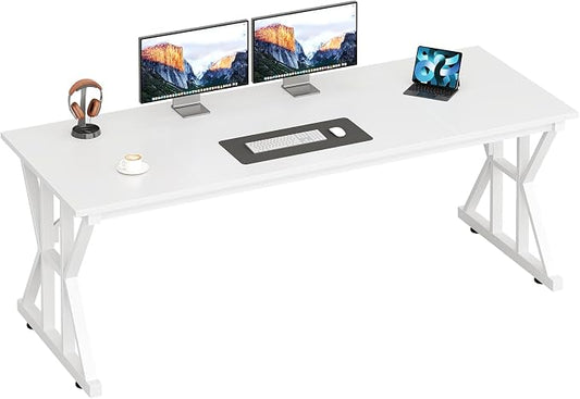 TVU Computer Desk, 63 inch Large Office Desk, Study Writing Table with Thicken Frame, Gaming Desk, Modern Simple Desk for Home Office, White