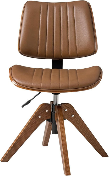 HULALA HOME Faux Leather Home Office Chair with Solid Wood Legs, 360° Swivel Desk Chair No Wheels with Bentwood Design, Mid-Century Modern Wide Seat Computer Task Chair, Camel