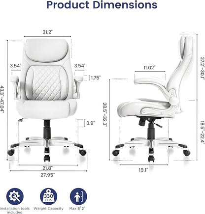 Nouhaus Ergonomic Office Chair Premium Leather Adjustable Lumbar Support & Armrests, High Back Comfy Desk Gaming Chairs Executive Computer Swivel Chair Tilt Function(Posture,White)
