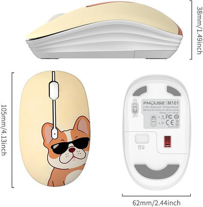 FMOUSE Cute Wireless Mouse, Bluetooth & 2.4GHz Dual Mode with USB Receiver, Silent Click, AA Battery Powered, for Kids Students Teen Girls, Compatible with Laptop Mac iPad PC (Cool French Bulldog)