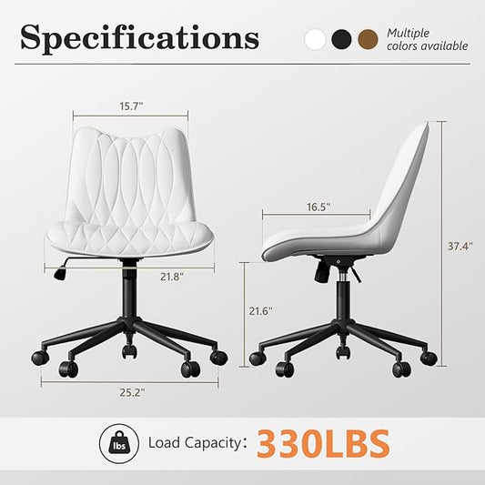 Armless Office Chair, Swivel Rolling Leather Desk Chair, White | Waterproof Upholstery, Padded Seat, 15° Relaxing Tilt, 330 LBS Capacity, for Bedroom Vanity and Computer Work