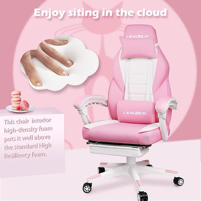 LEMBERI Big and Tall Gaming Chair 400lb Capacity, Heavy-Duty Office Chair with Reinforced Footrest, Wide Seat High Back PC Desk Chair with Linkage Armrests, Thickened Steel Frame, PU Leather, Pink