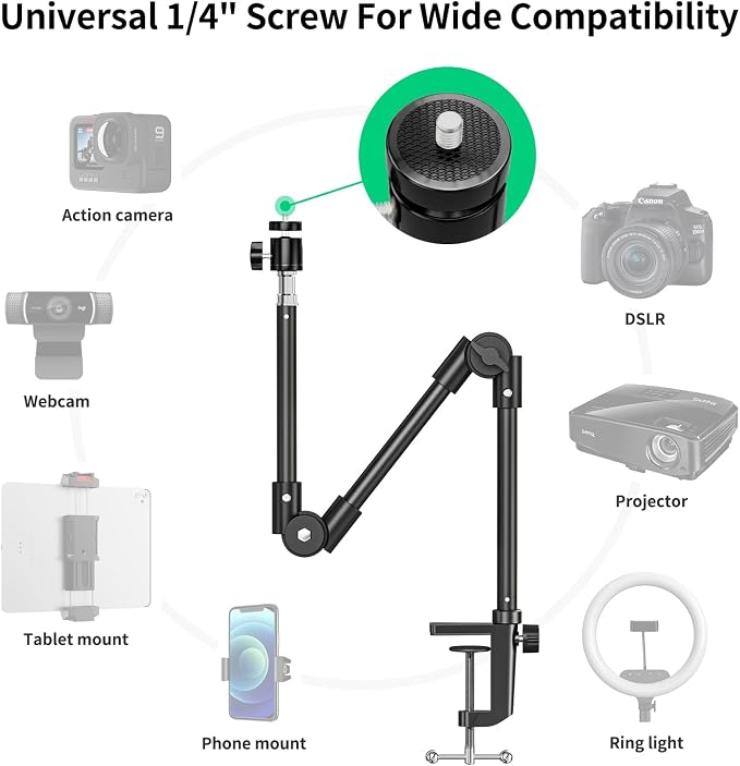Webcam Stand Camera Desk Mount with Phone Holder & 5/8" Screw - 22" Flexible Projector Stand Gooseneck Desk Mic Stand for Logitech C922 C930e C920 C615 C960 Brio 4K, GoPro, Blue Yeti Snowball Ice