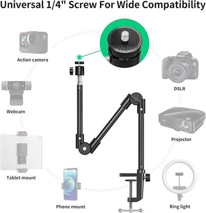 Webcam Stand Camera Desk Mount with Phone Holder & 5/8" Screw - 22" Flexible Projector Stand Gooseneck Desk Mic Stand for Logitech C922 C930e C920 C615 C960 Brio 4K, GoPro, Blue Yeti Snowball Ice
