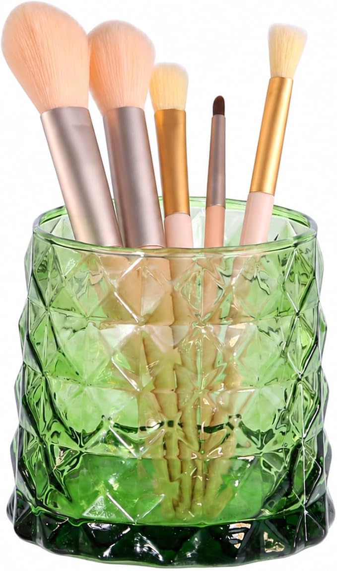 DASITON Glass Makeup Brush Holder Organizer, Diamond Pattern Cosmetic Storage Cup, Makeup Organizer for Vanity, Bathroom Countertop Toothbrush Holder, Desk Pen Pencil Holder (Green)